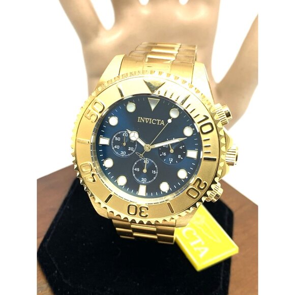 Invicta Men's Watch 36974 Pro Diver Quartz Chronograph Gold Steel Blue Dial 47mm - Picture 1 of 14
